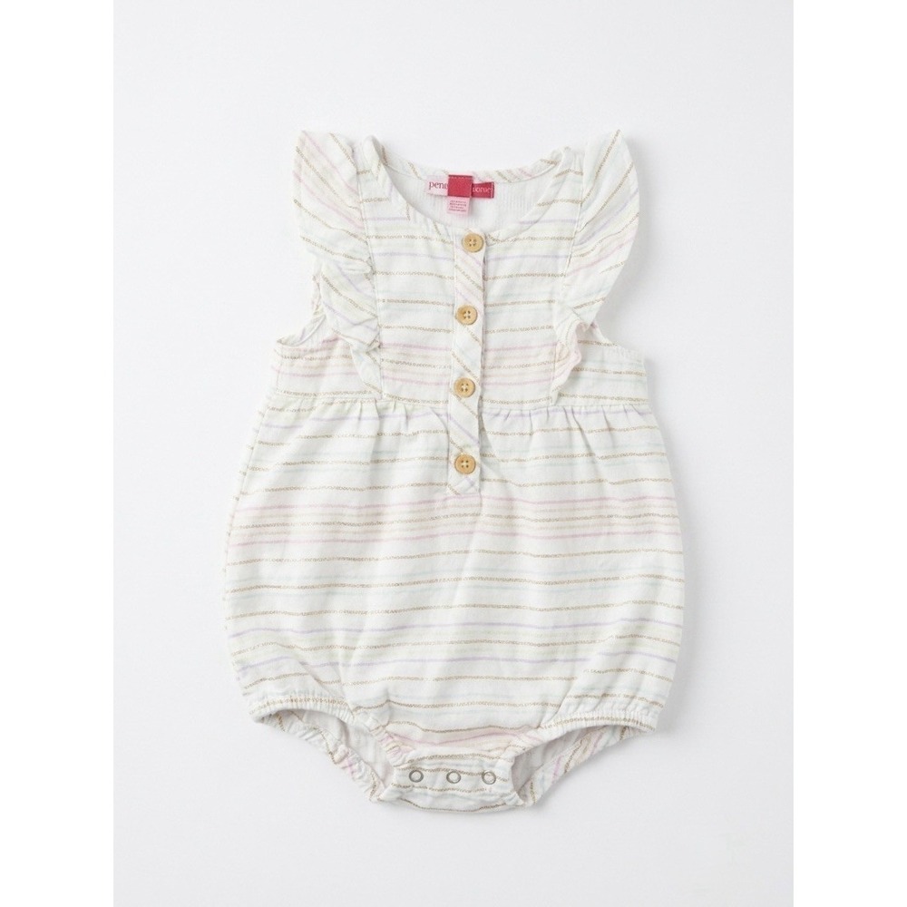 Pastel Colored Baby Girl 18M Rainbow Stripe Gold Ruffle Bubble Romper Sunsuit